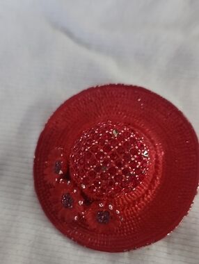 Red Decorative Straw Hat Accent with Rhinestones